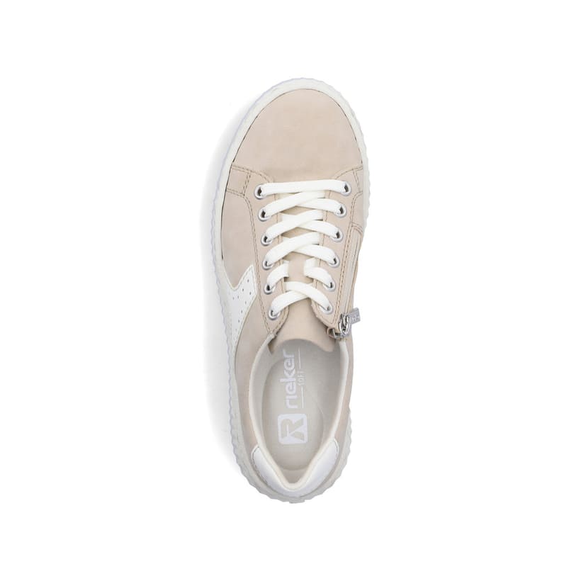 Beige Rieker Damen Sneaker Low N9920-62 mit einem Reißverschluss. Schuh von oben.