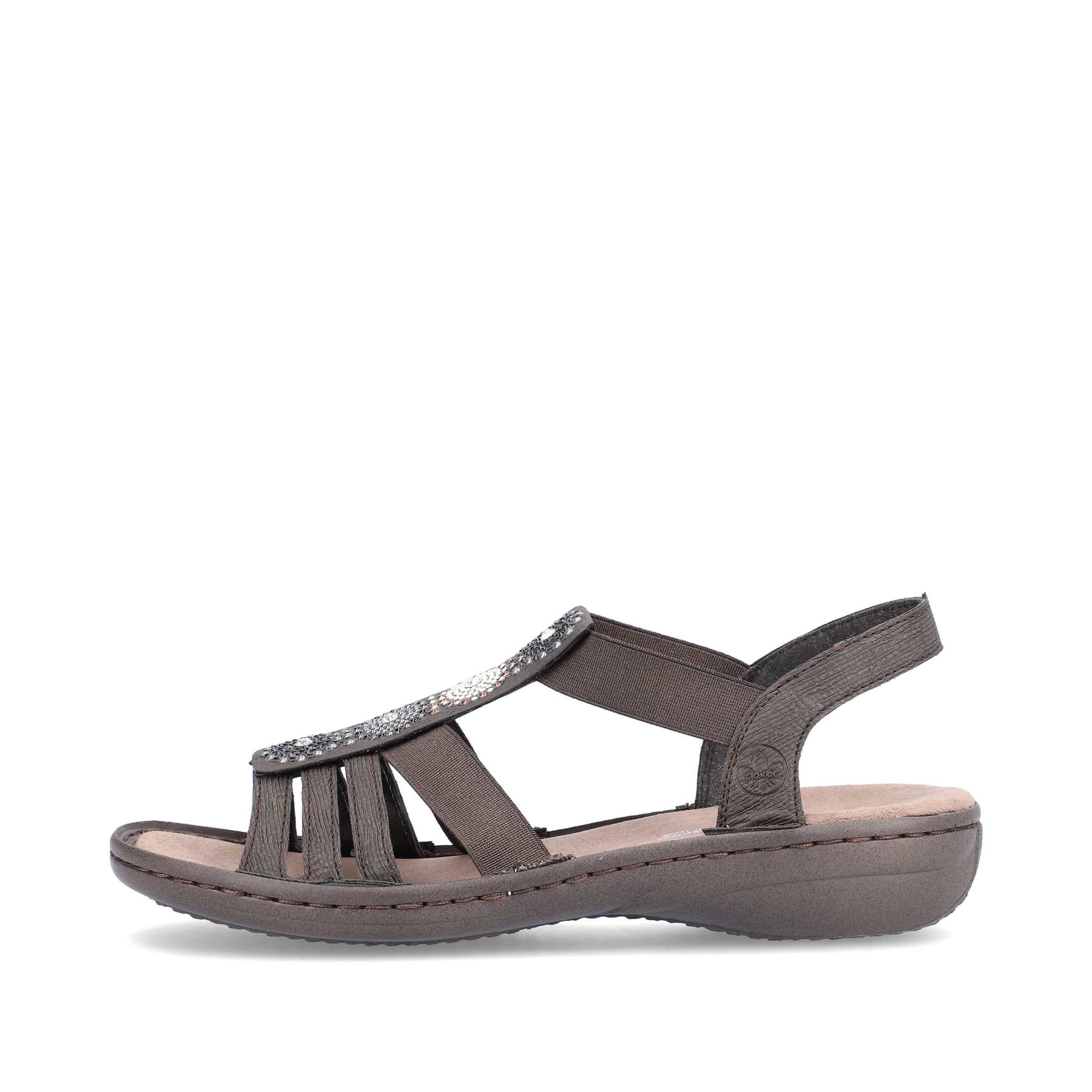 Graue Rieker Damen Riemchensandalen 608G9-47 mit einem Elastikeinsatz. Schuh Außenseite.