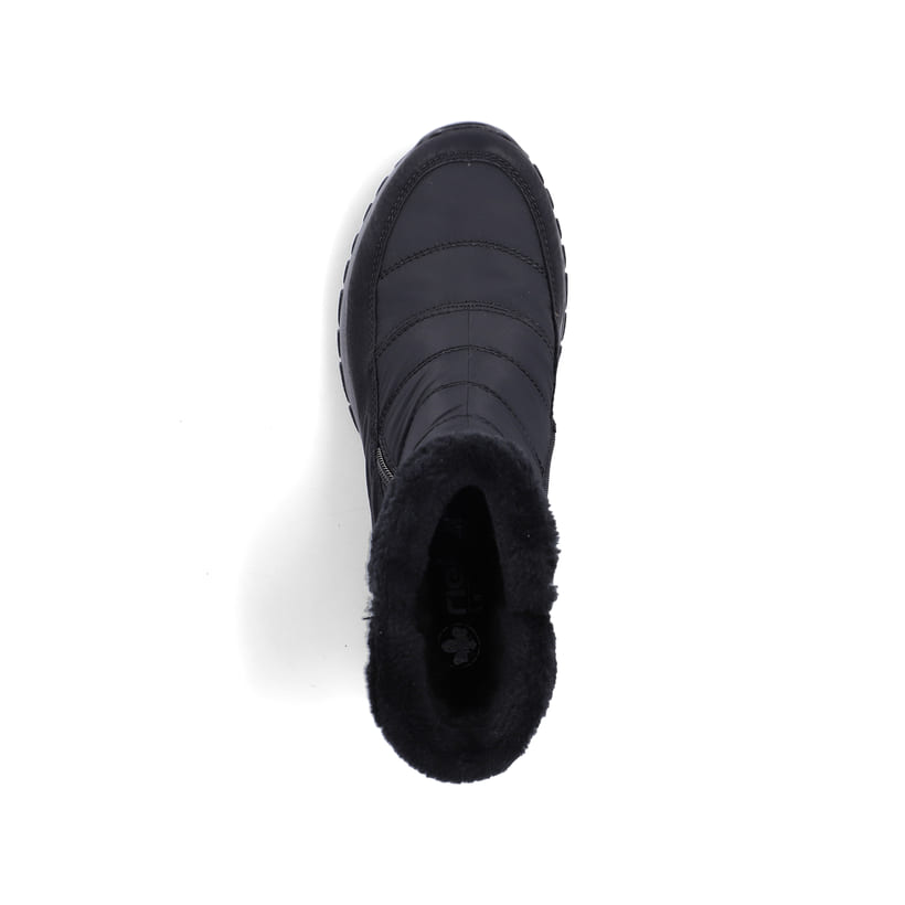 Schwarze Rieker Damen Kurzstiefel M9670-01 mit wasserabweisender TEX-Membran. Schuh von oben.