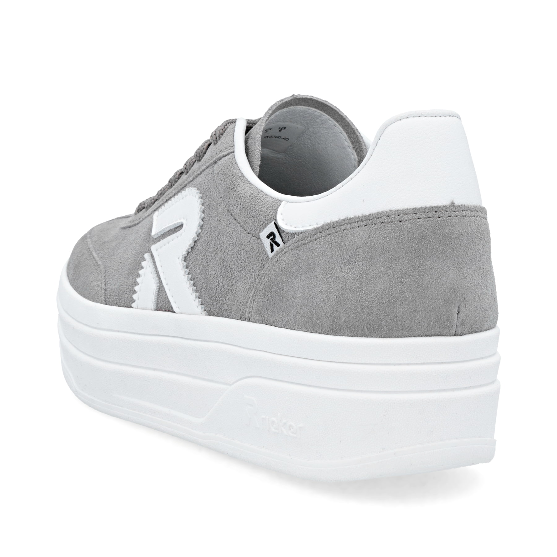 Graue Rieker Damen Sneaker Low W3700-40 mit einer Schnürung. Schuh von hinten.