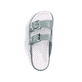 Grüne Rieker Damen Pantoletten P2180-52 mit Schnalle sowie einer flexiblen Sohle. Schuh von oben.
