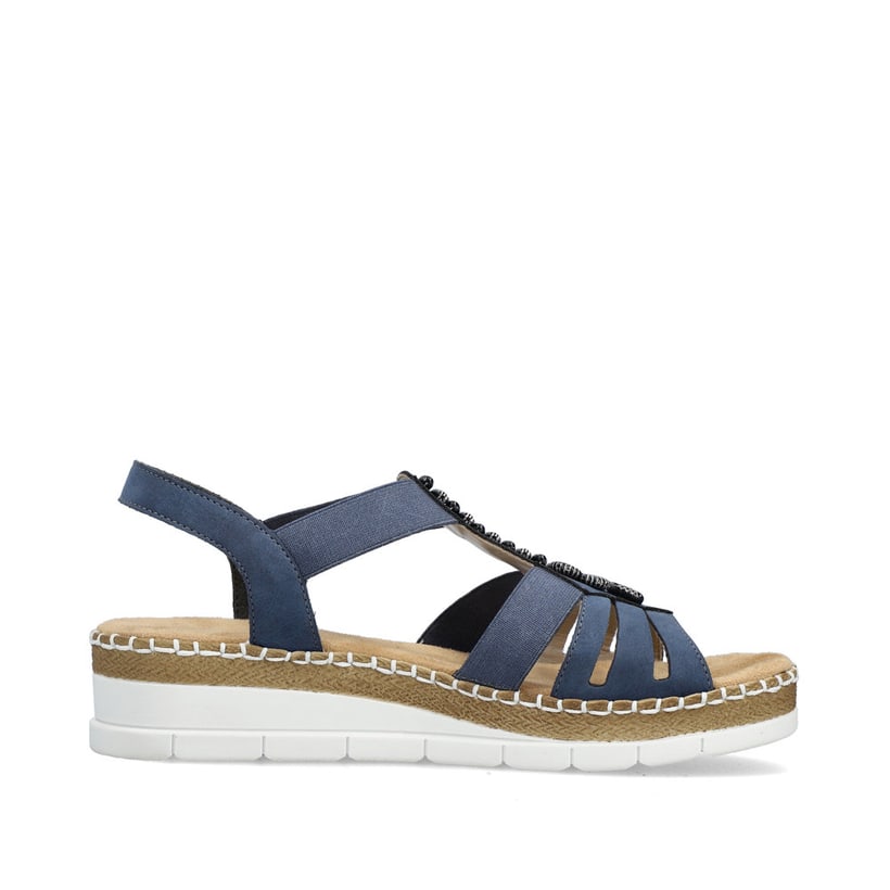 Blaue Rieker Keilsandaletten V1206-14 mit Schmuckelementen sowie einem Gummizug. Schuh Innenseite.