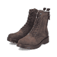Braune Rieker Damen Biker Boots 73210-25 mit einem Reißverschluss. Schuhpaar seitlich schräg.