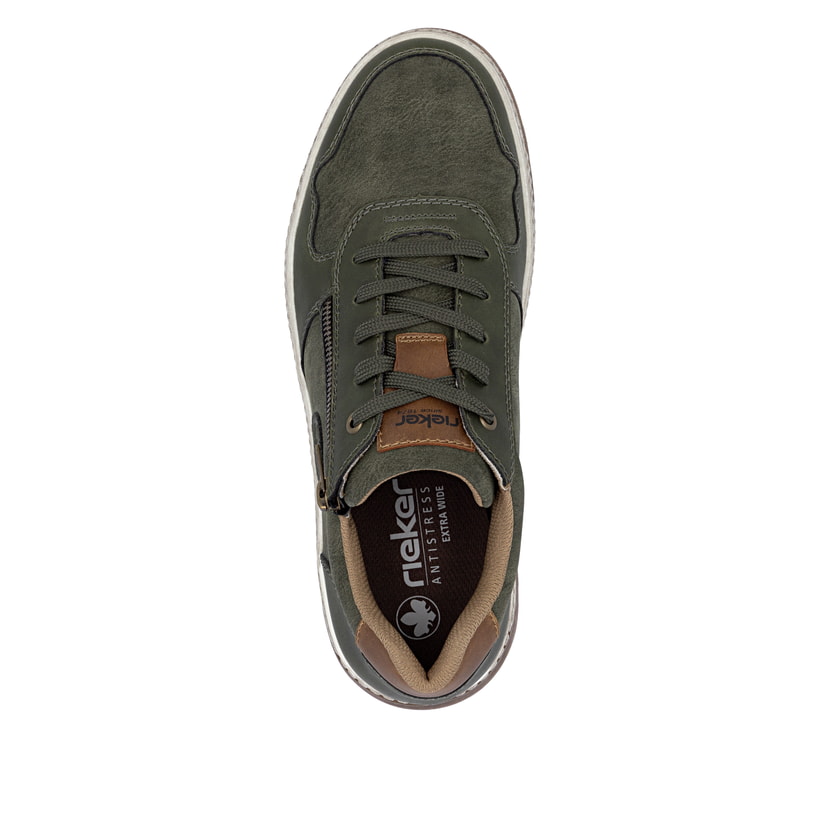 Baskets basses Rieker vertes pour homme 37029-52 avec fermeture éclair. Semelle extérieure de la chaussure.