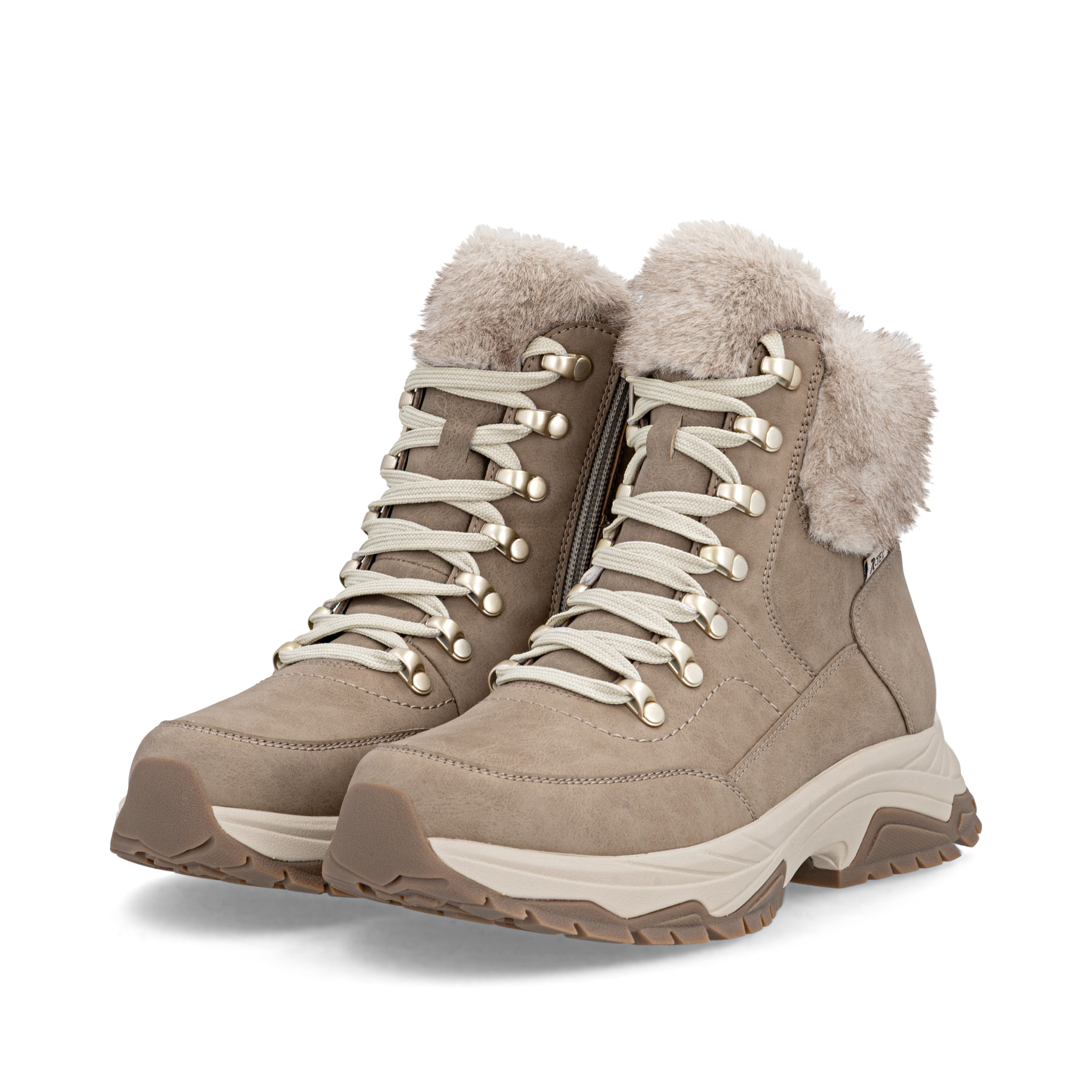 Beige Rieker Damen Schnürstiefel W3971-20 aus Glattleder. Schuhpaar seitlich schräg.