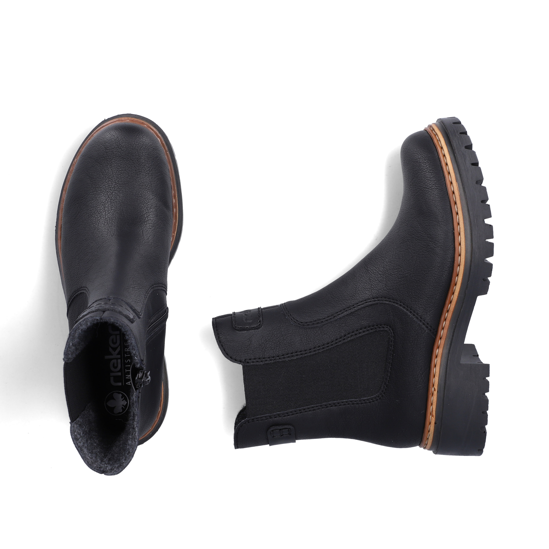 Schwarze Rieker Damen Chelsea Boots 72660-00 mit einem Reißverschluss. Schuh von oben, liegend.