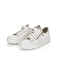 Weiße Rieker Damen Sneaker Low N5932-80 mit einem Reißverschluss. Schuhpaar seitlich schräg.