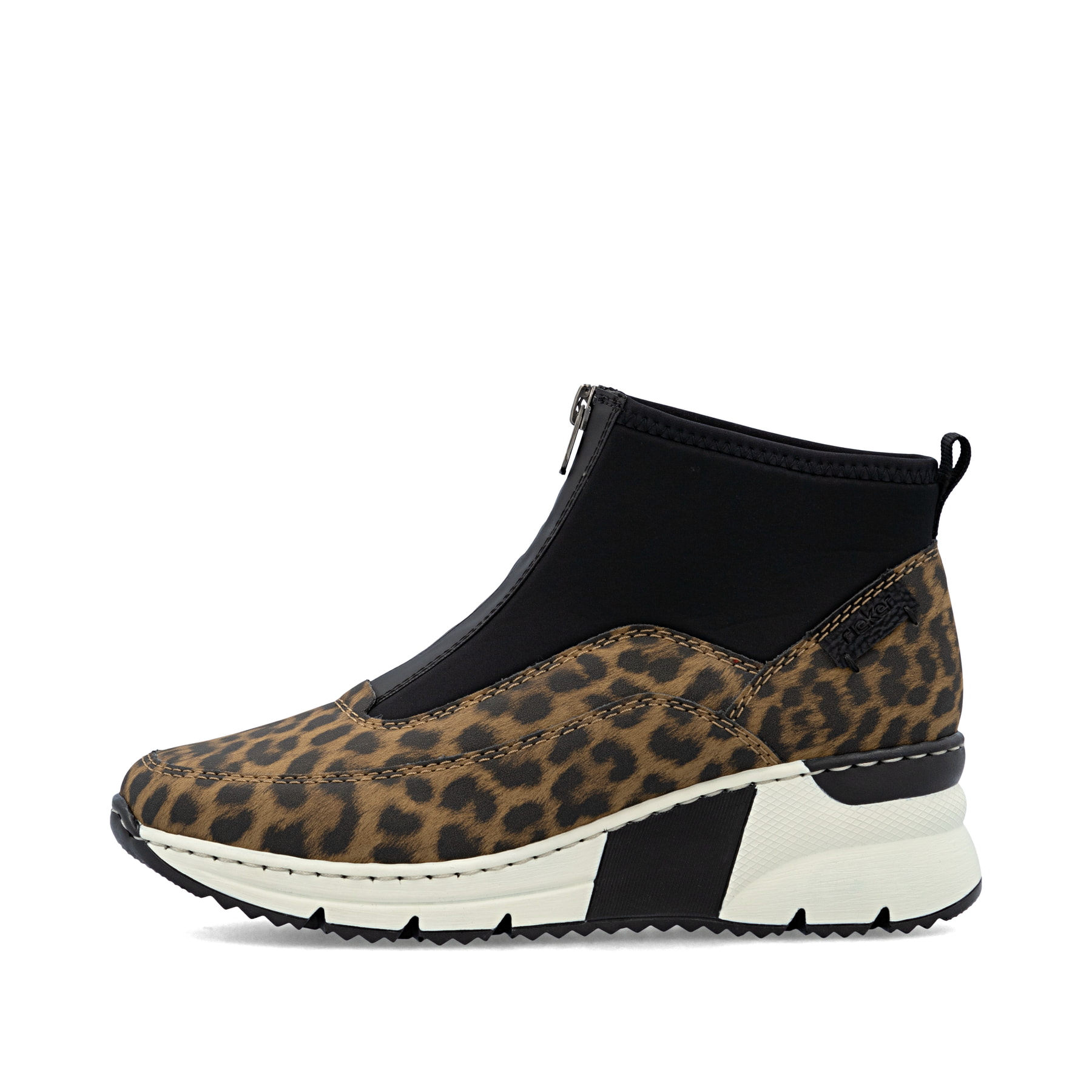 Braune Rieker Damen Sneaker High N6352-90 mit Leo-Print sowie Reißverschluss. Schuh Außenseite.