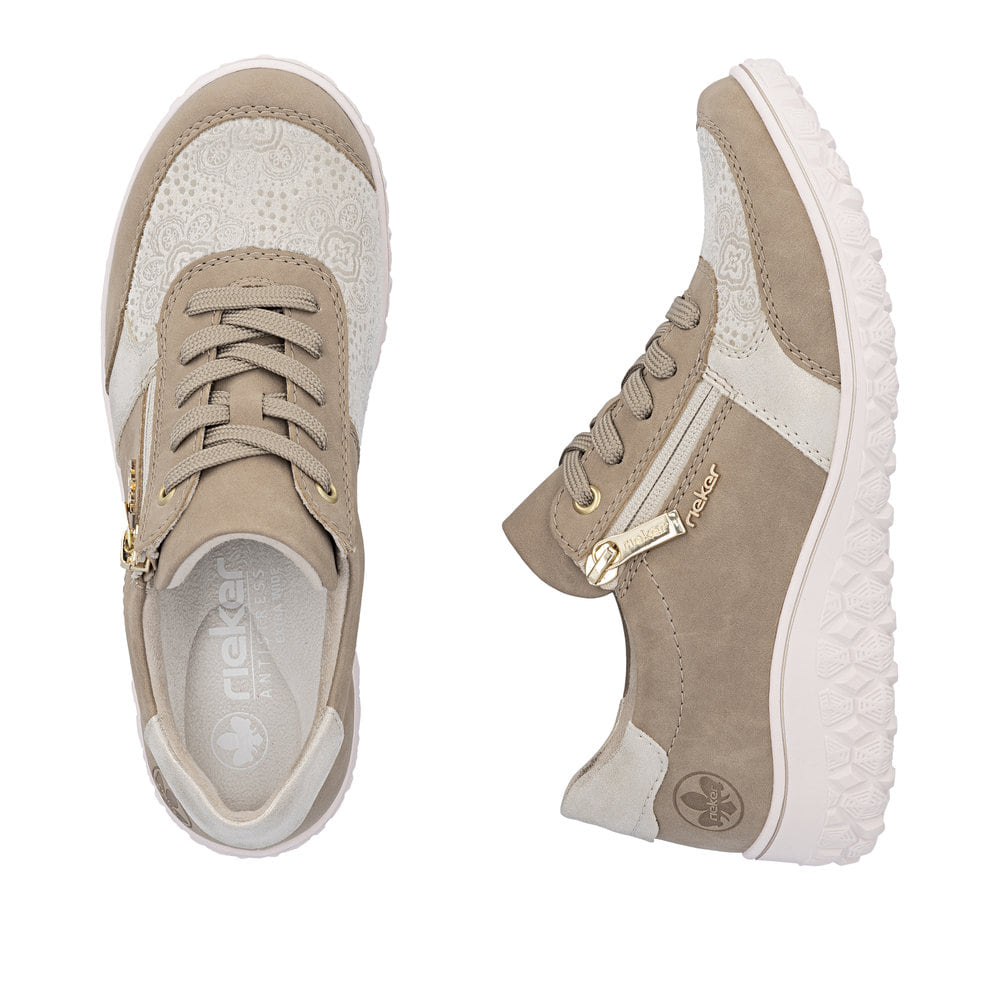 Beige Rieker Damen Schnürschuhe 59502-62 mit Reißverschluss sowie Extraweite H. Schuh von oben, liegend.