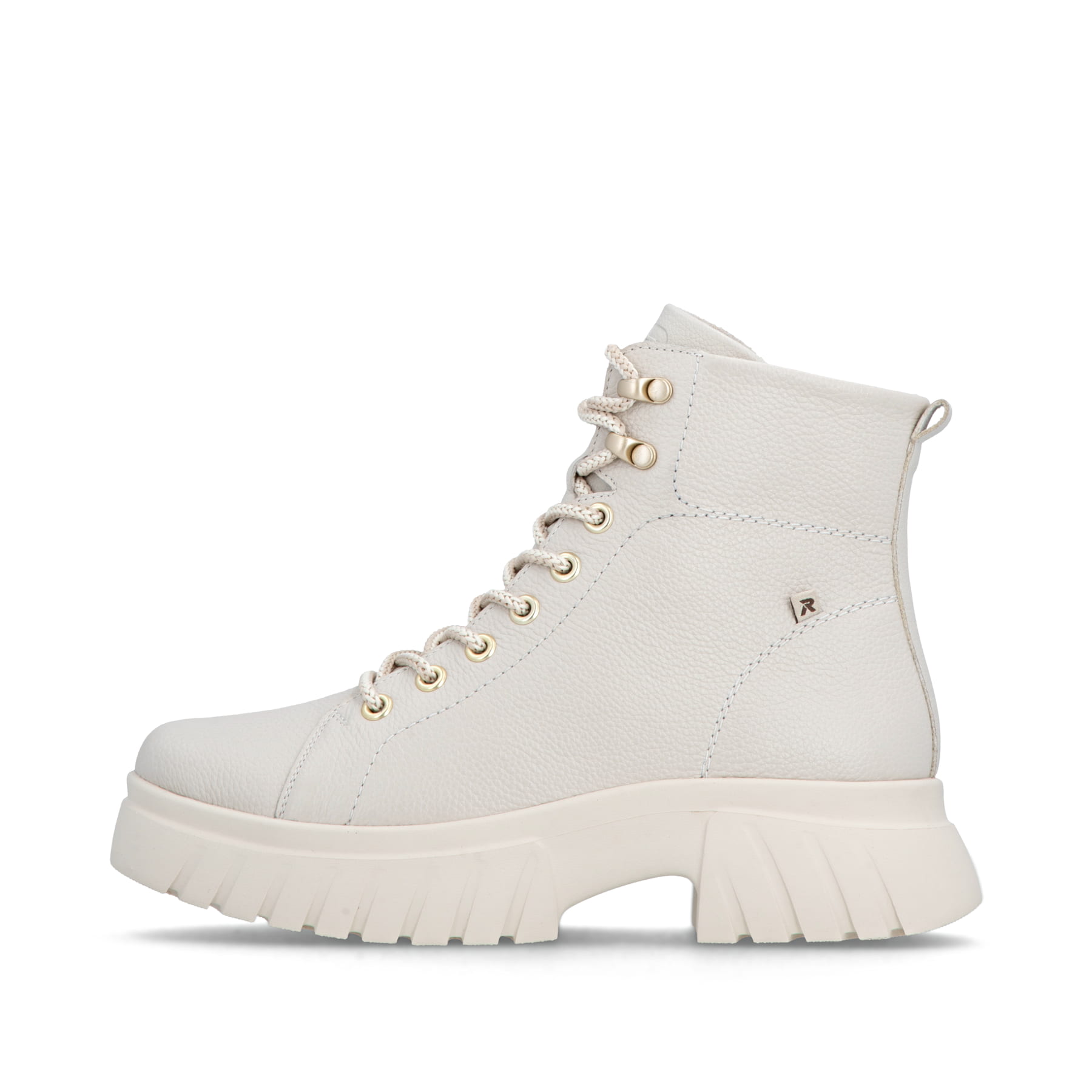 Weiße Rieker Damen Biker Boots W1877-80 aus Glattleder mit goldfarbenen Ösen. Schuh Außenseite.