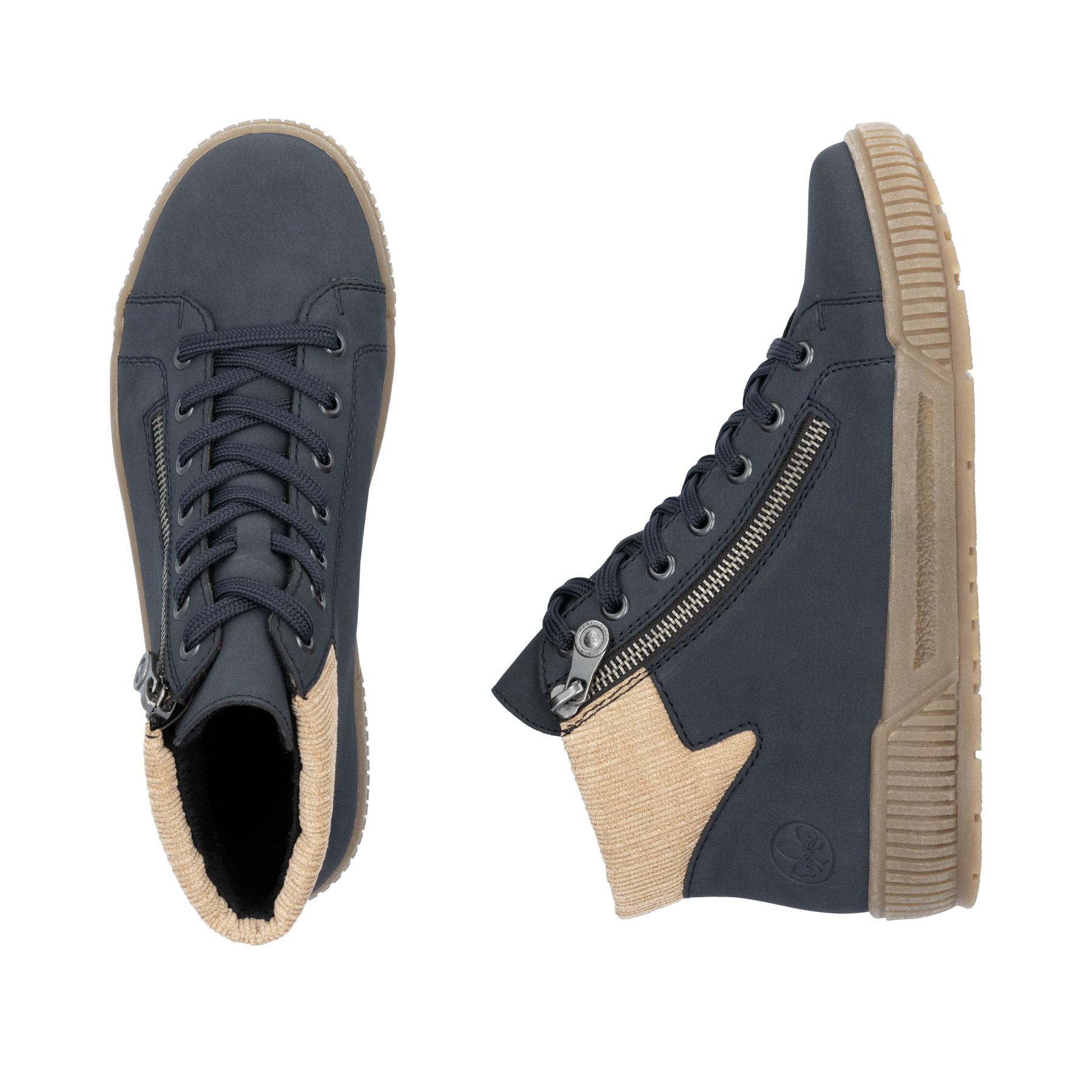 Blaue Rieker Damen Schnürstiefel N0709-15 mit Schaftkragen sowie Reißverschluss. Schuh von oben, liegend.