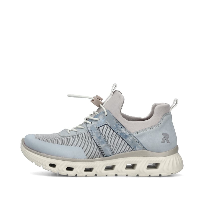 Blaue Rieker Damen Sneaker Low M6061-12 mit einem Gummizug sowie Komfortweite G. Schuh Außenseite.