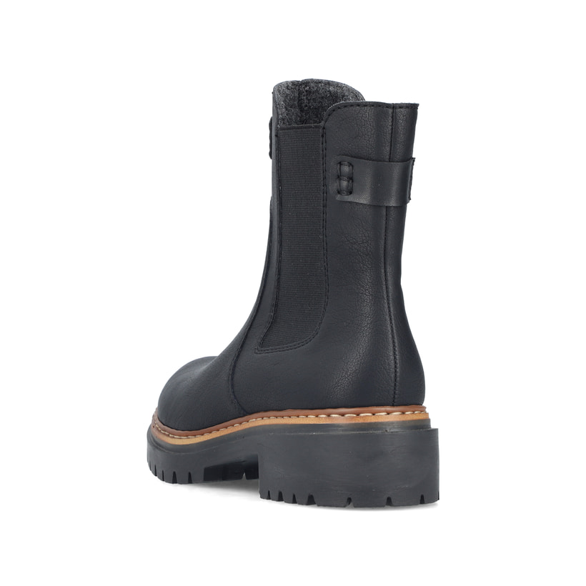 Schwarze Rieker Damen Chelsea Boots 72660-00 mit einem Reißverschluss. Schuh von hinten.
