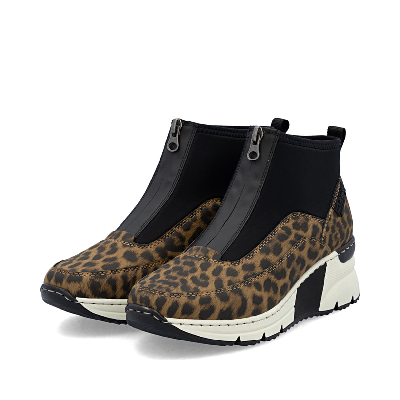 Schwarz-braune Rieker Damen Sneaker High N6352-90 mit einem Reißverschluss. Schuhpaar seitlich schräg.
