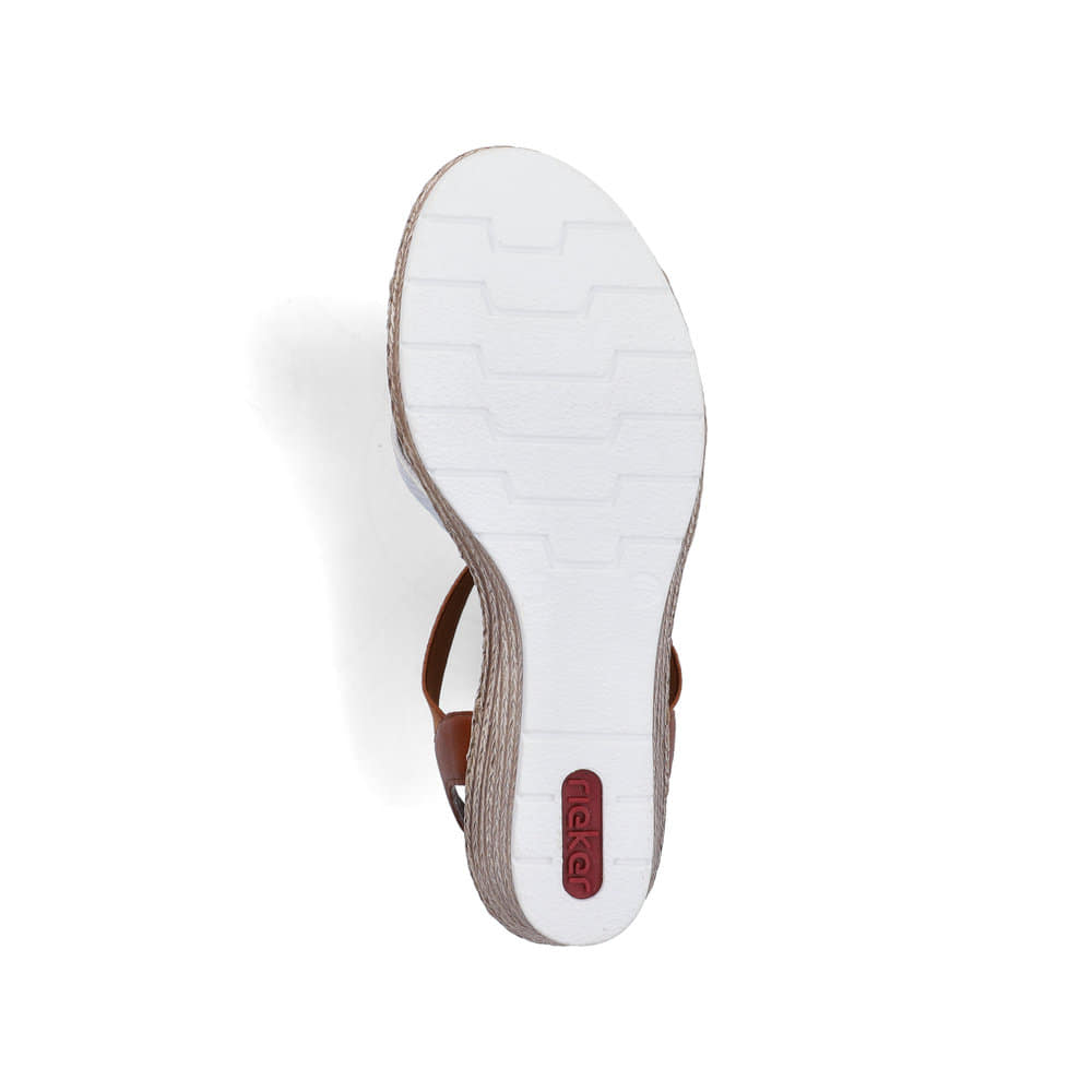 Braune Rieker Keilsandaletten 61995-81 mit einem Gummizug sowie leichter Sohle. Schuh Laufsohle.