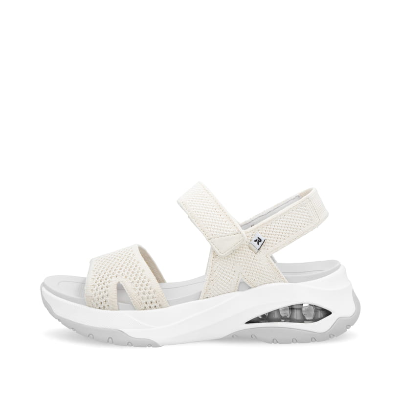 Beige vegane Rieker Damen Trekkingsandalen W3152-60 mit einem Klettverschluss. Schuh Außenseite.