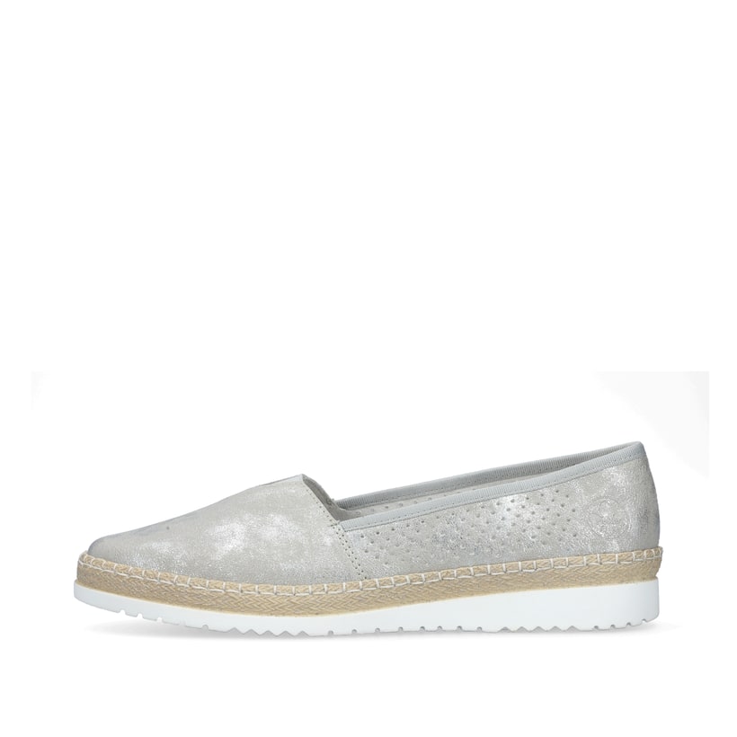 Graue Rieker Ballerinas M9270-40 in Löcheroptik mit einem Gummizug. Schuh Außenseite.