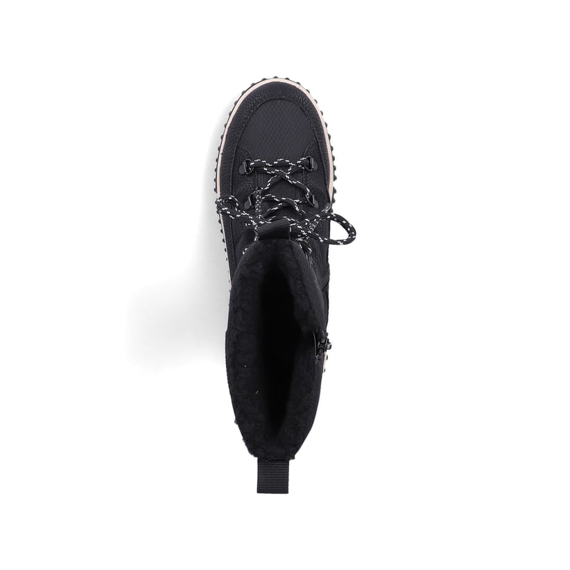 Vegane, schwarze Rieker Damen Kurzstiefel Y6380-00 mit einem Reißverschluss. Schuh von oben.