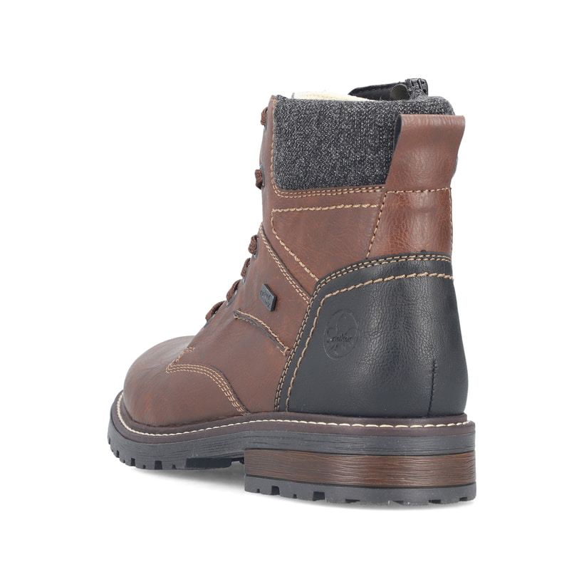 Kastanienbraune Rieker Herren Schnürstiefel 32031-25 mit einer robusten Profilsohle. Schuh von hinten