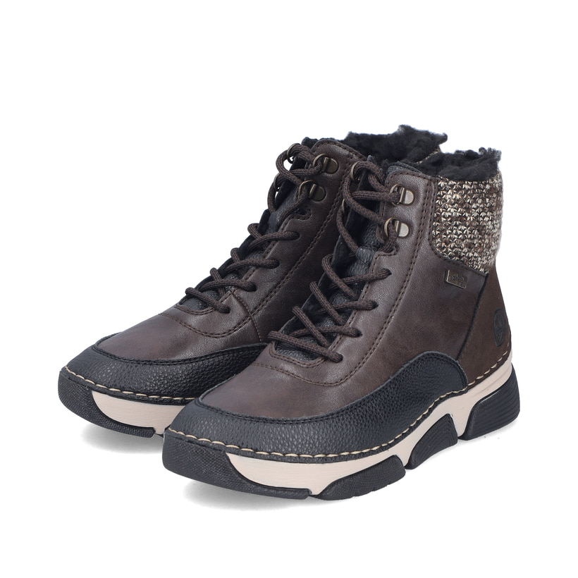 Dunkelbraun-beige Rieker Damen Schnürstiefel 45956-25 mit Strick-Kragen. Schuhpaar seitlich schräg.