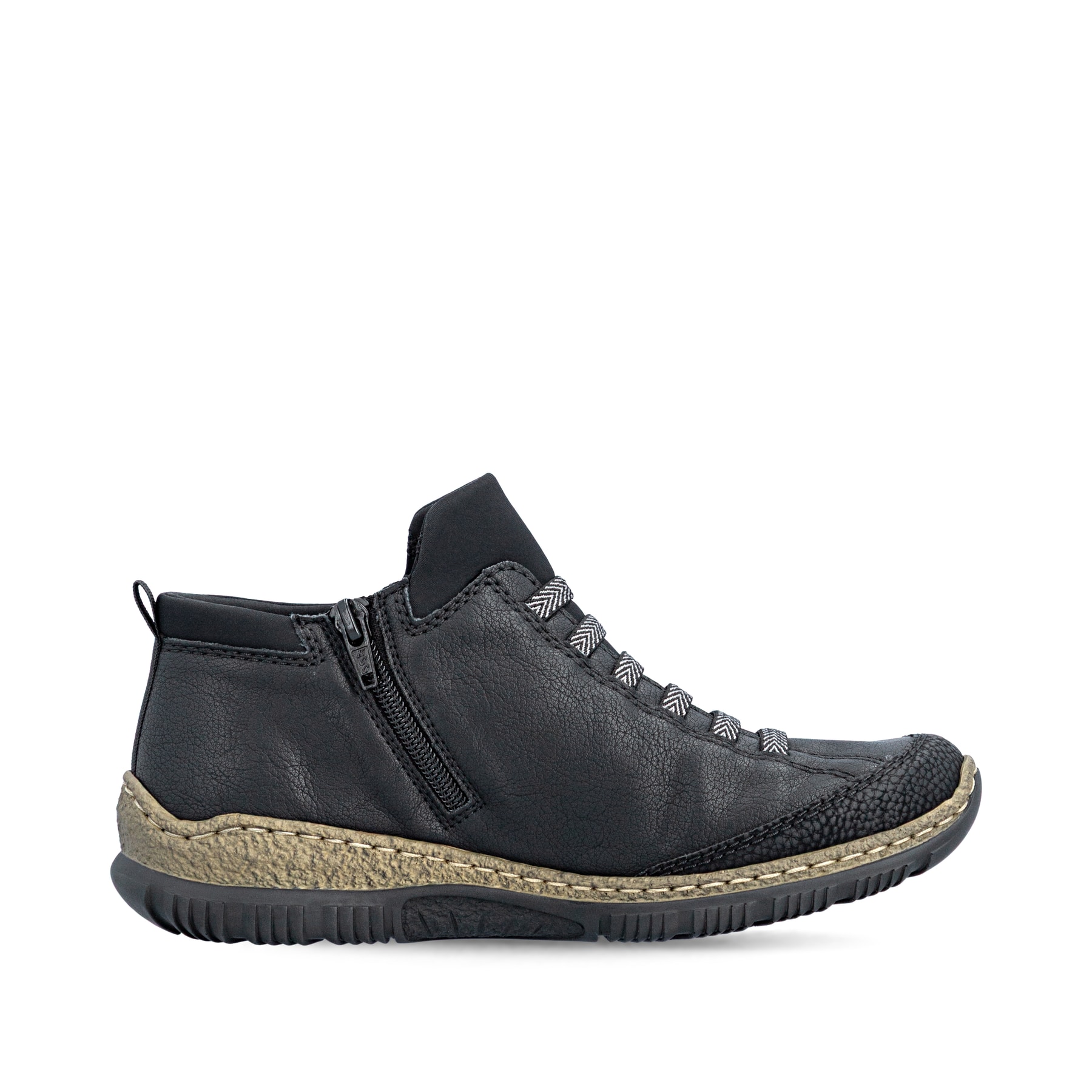 Schwarze Rieker Damen Kurzstiefel N3258-00 mit einem Reißverschluss. Schuh Innenseite.