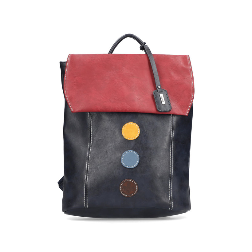Sac Ã  dos Rieker H1357-14 en bleu et rouge avec détails colorés, fermeture éclair et poche pour téléphone portable. Face avant.