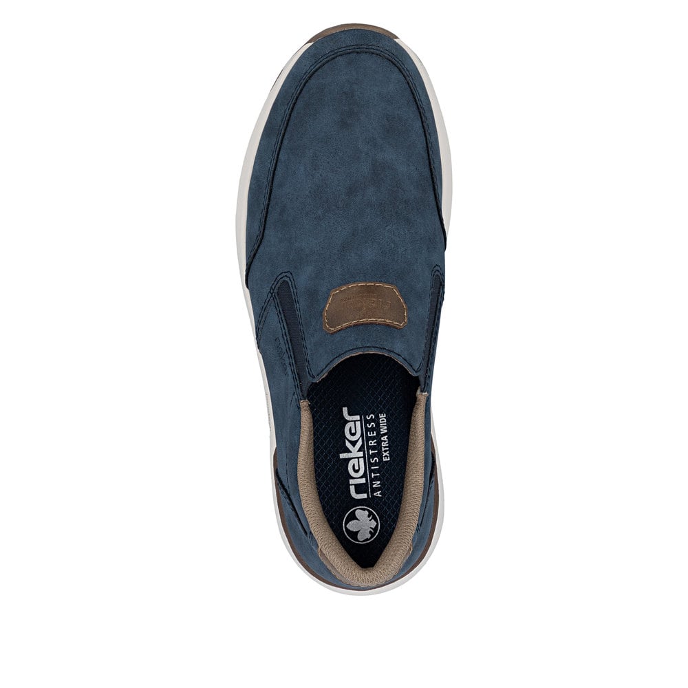 Mocassins Rieker bleus pour homme 11550-15 avec bande élastique. Chaussure vue de dessus.
