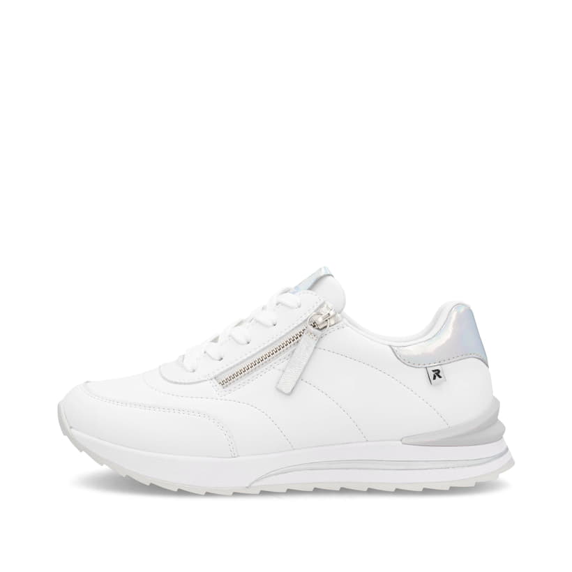 Weiße Rieker Damen Sneaker Low W2402-80 mit einem Reißverschluss. Schuh Außenseite.
