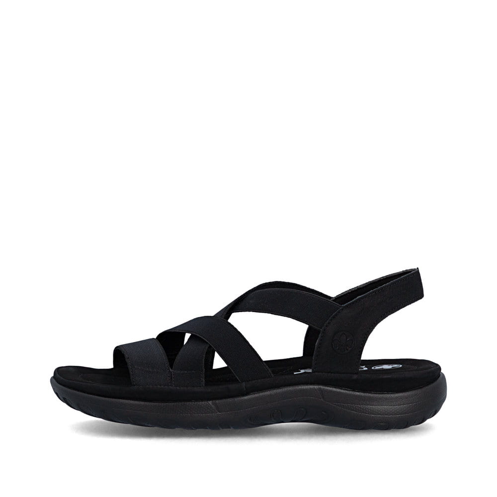 Schwarze Rieker Damen Pantoletten 64857-00 mit einem Gummizug. Schuh Außenseite.