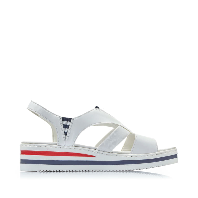 Weiße Rieker Keilsandaletten V02Y5-80 mit Gummizug sowie schmaler Passform E 1/2. Schuh Innenseite.