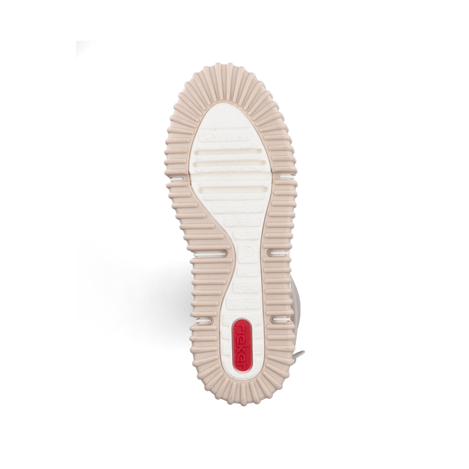 Cremefarbene Rieker Damen Hochschaftstiefel Y6370-60 mit gerafftem Schaft. Schuh Laufsohle.