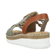 Grüne Rieker Keilsandaletten V1261-52 mit modischen Raffungen sowie Gummizug. Schuh von hinten.