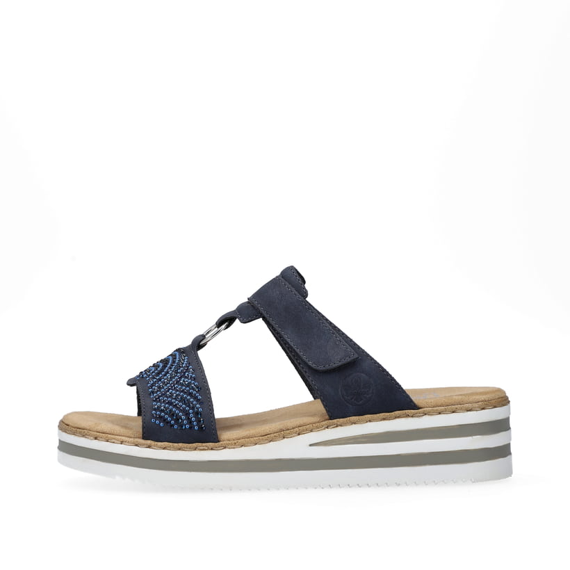 Marineblaue Rieker Damen Pantoletten V0620-14 mit einem Klettverschluss. Schuh Außenseite.