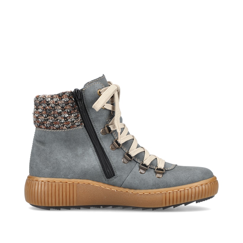 Blaugraue Rieker Damen Schnürstiefel Z6648-14 mit Schnürung und Reißverschluss. Schuh Innenseite