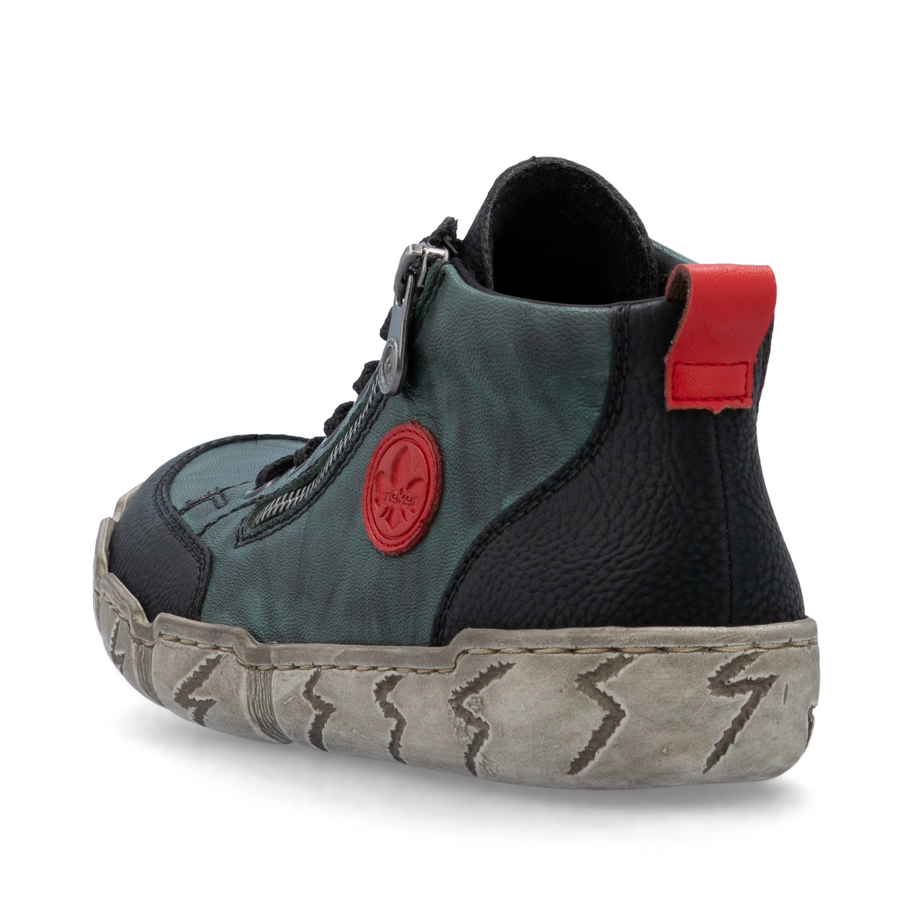 Grünschwarze Rieker Damen Kurzstiefel L0306-54 aus Glattleder mit rundem Logo. Schuh von hinten.