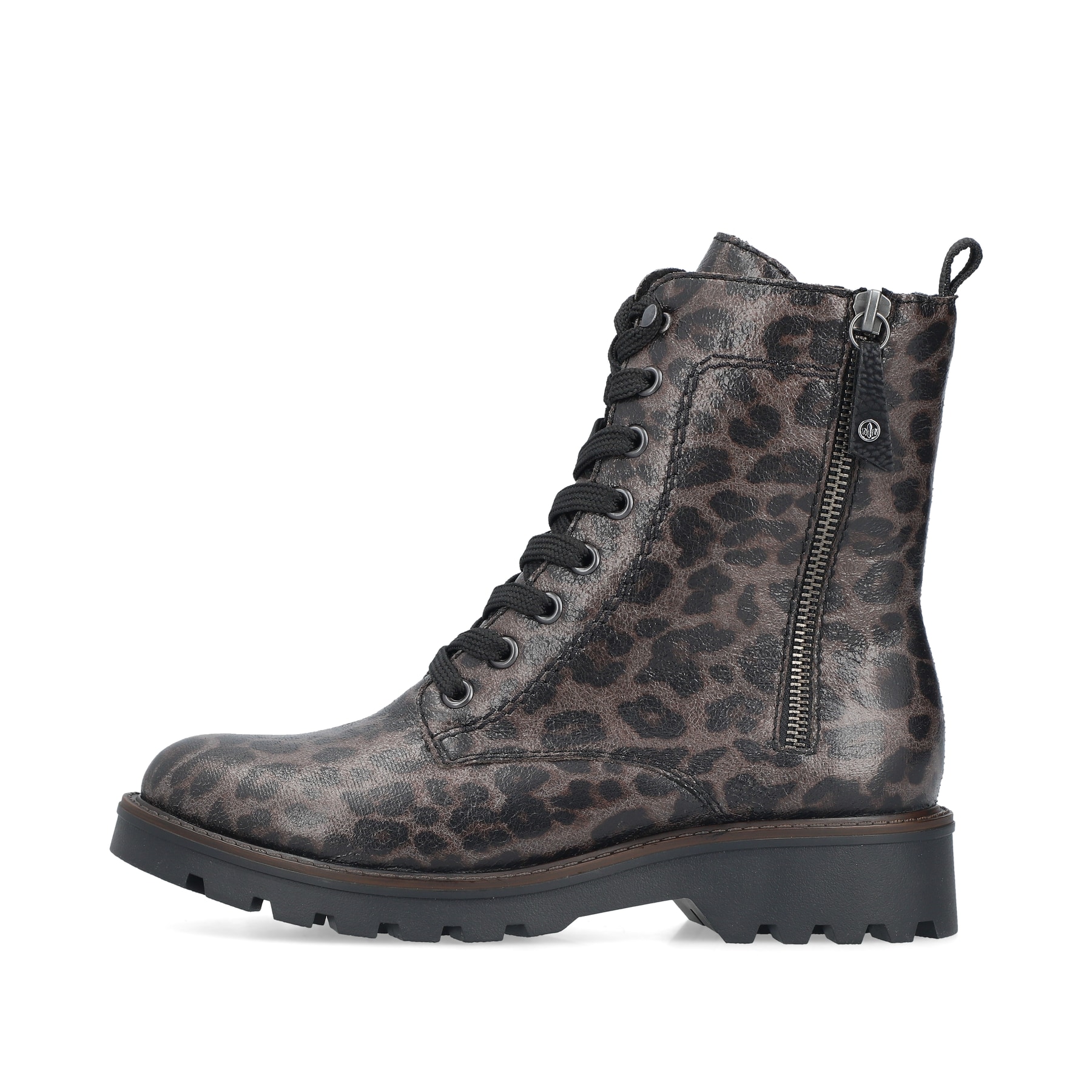 Graue vegane Rieker Damen Biker Boots 73210-42 mit Leo-Print. Schuh Außenseite.