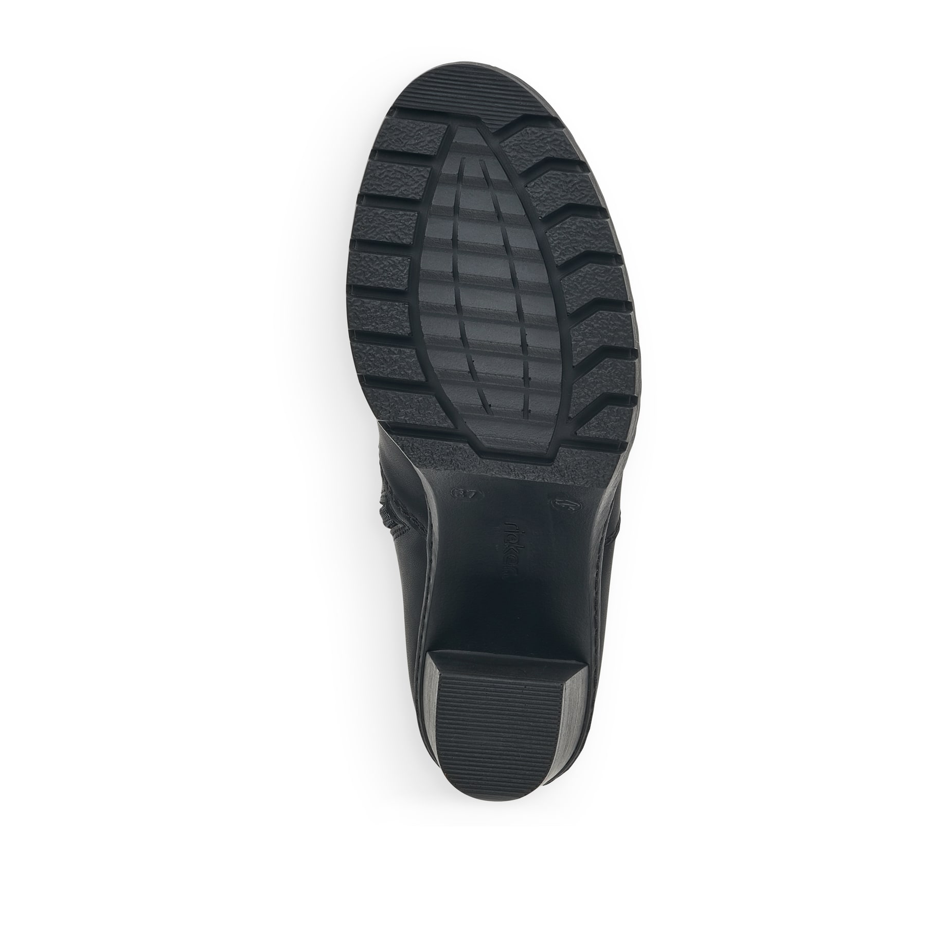 Tiefschwarze Rieker Damen Stiefeletten Y2574-00 mit Reißverschluss sowie Blockabsatz. Schuh Laufsohle