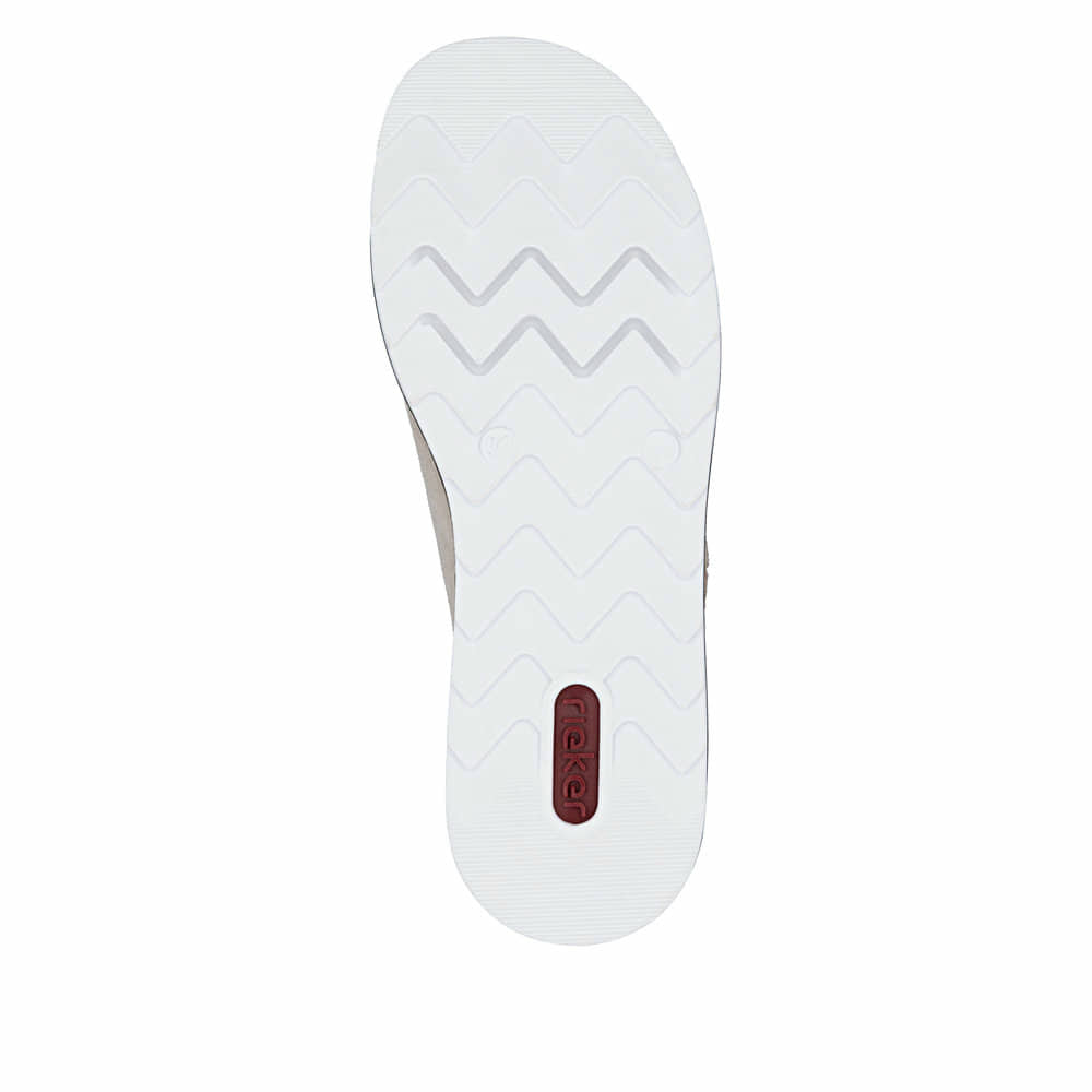 Beige Rieker Damen Pantoletten V7955-60 aus Rauleder mit trendiger Schnalle. Schuh Laufsohle.