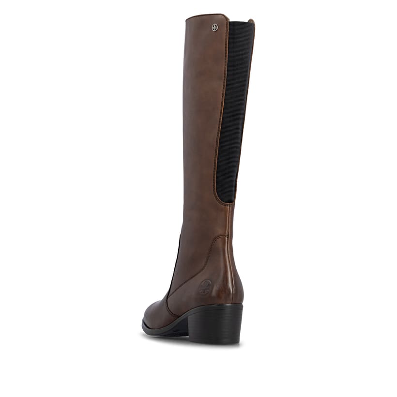 Braune Rieker Damen Hochschaftstiefel 73955-22 aus Glattleder mit Reißverschluss. Schuh von hinten.