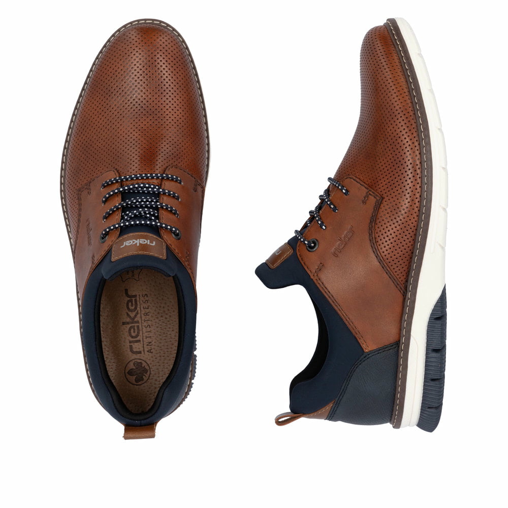 Mocassins Rieker marron homme 14450-22 en cuir lisse avec bande élastique. Chaussure vue de dessus, couchée.