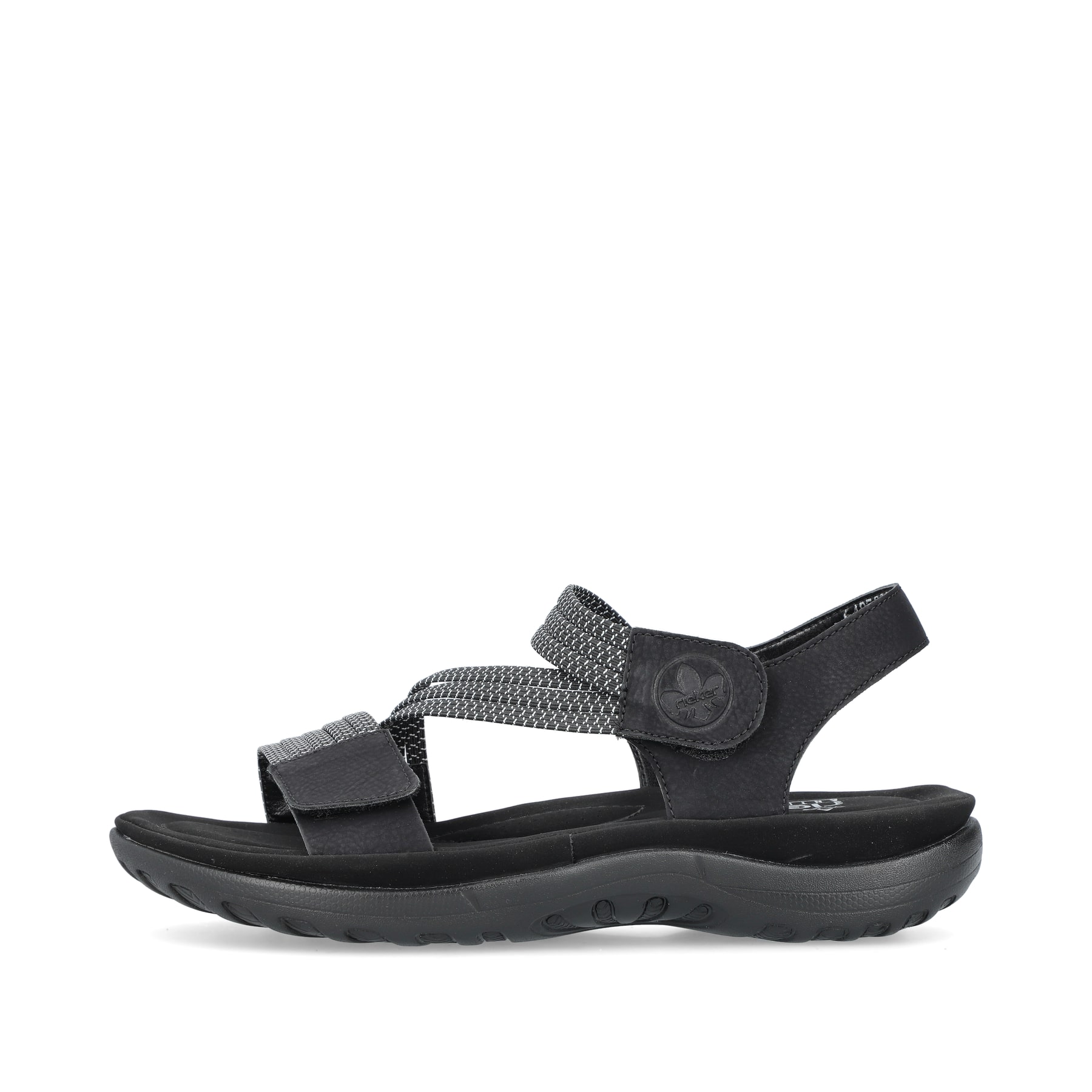 Schwarze vegane Rieker Damen Trekkingsandalen 64870-00 mit einem Klettverschluss. Schuh Außenseite.