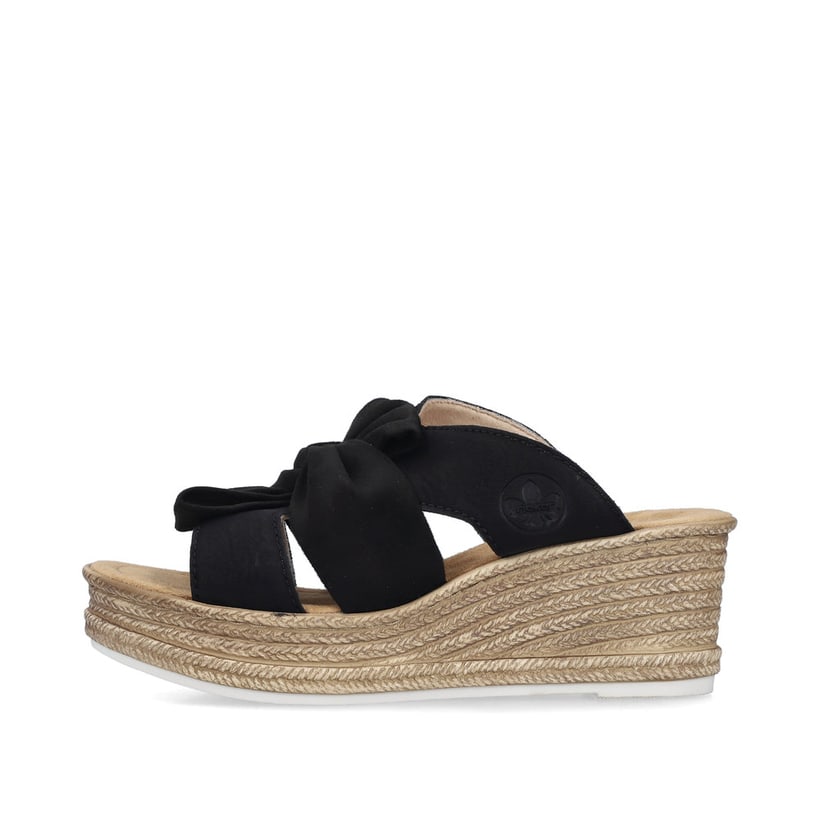 Schwarze Rieker Damen Pantoletten 68789-00 mit dekorativer Schleife. Schuh Außenseite.