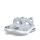 Blaue vegane Rieker Damen Trekkingsandalen W3152-10 mit einem Klettverschluss. Schuhpaar seitlich schräg.