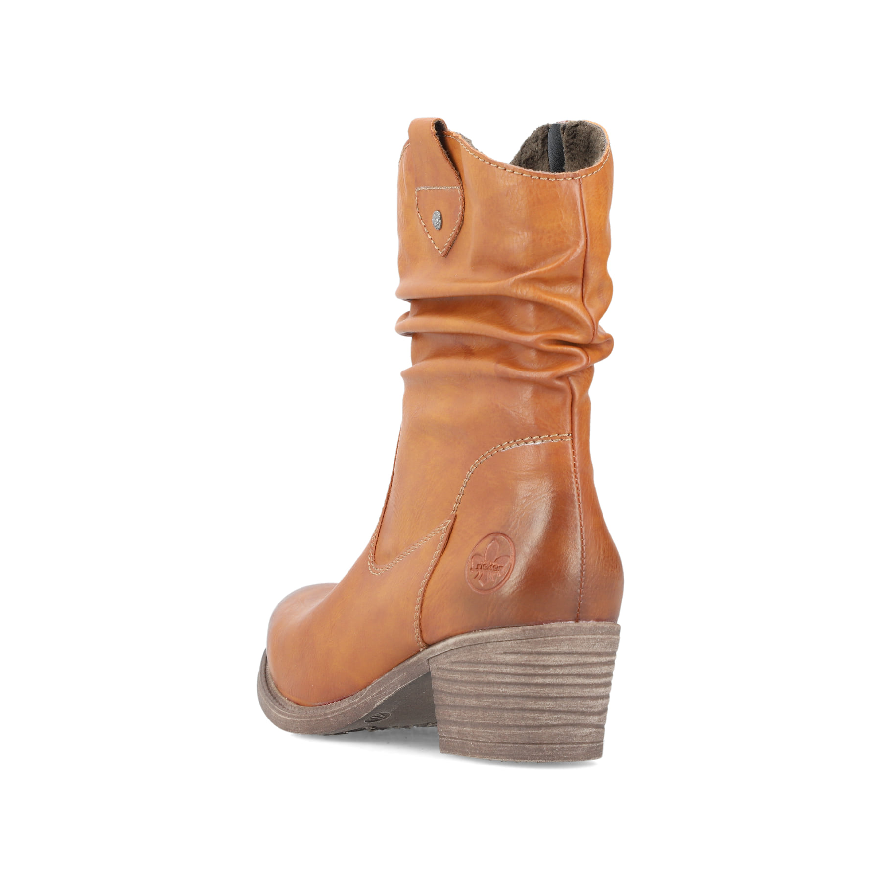 Bottines Rieker marron pour femme 73170-24 avec aspect plissé. Chaussure vue de l'arrière.