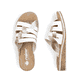 Weiße Rieker Damen Pantoletten V3678-80 mit Gummizug sowie leichter Sohle. Schuh von oben, liegend.
