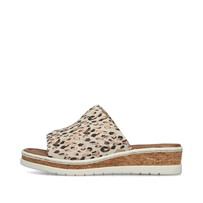 Mules Rieker beiges pour femme V4188-60 avec imprimé animal à la mode. Côté extérieur de la chaussure.