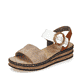 Beige Rieker Keilsandaletten 62964-90 mit einem Klettverschluss. Schuh seitlich schräg.