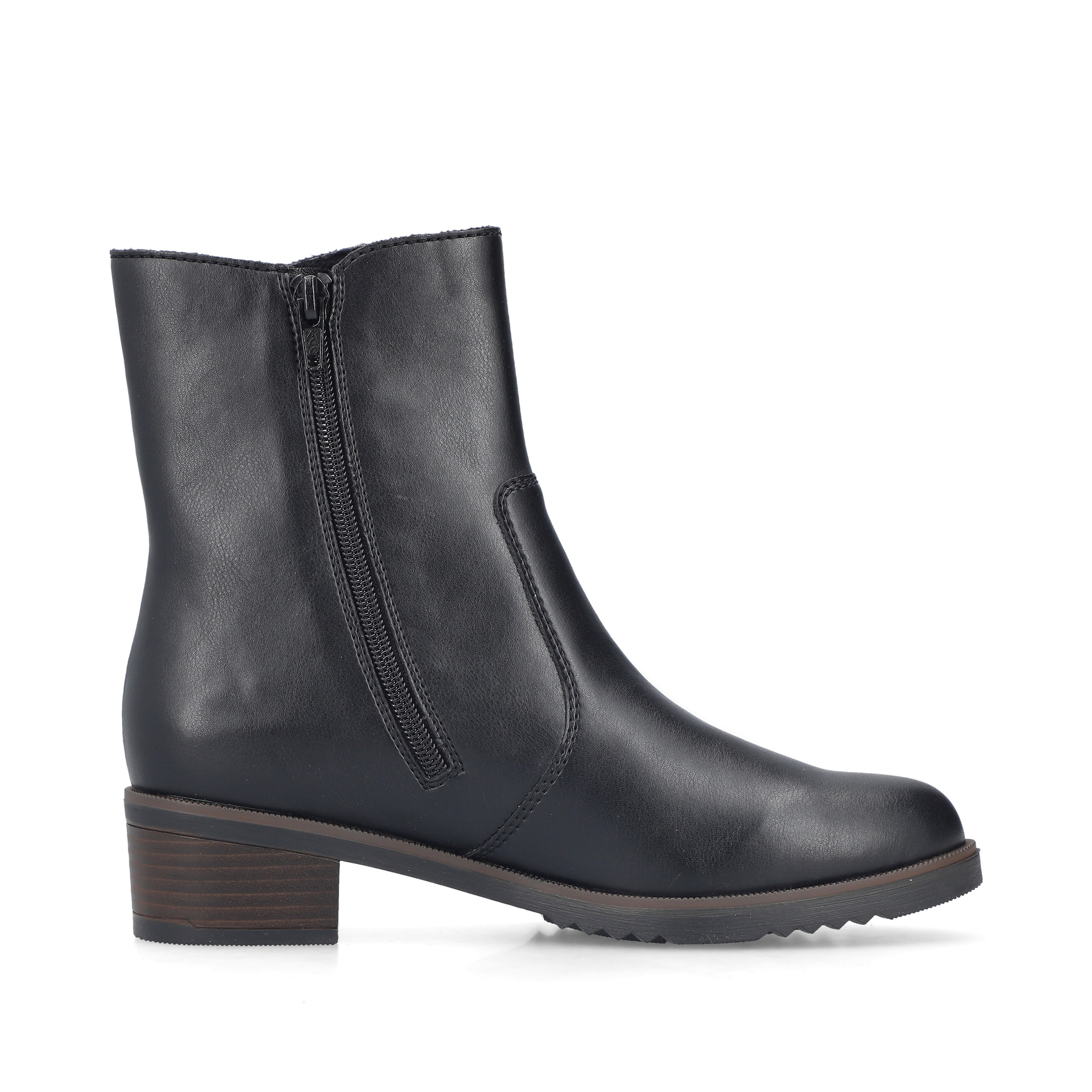 Schwarze Rieker Damen Kurzstiefel Y0581-00 mit modernen Ziernähten. Schuh Innenseite.