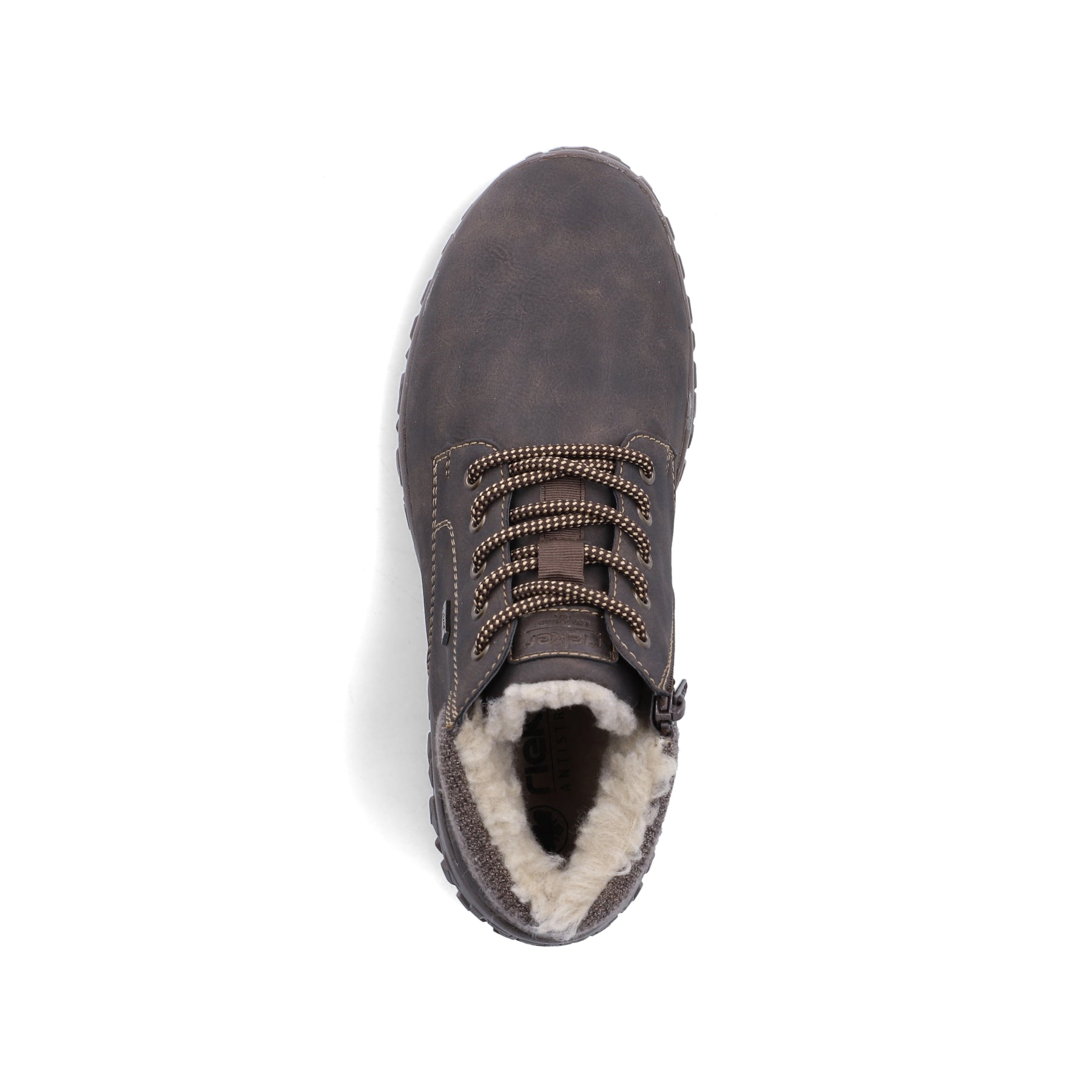 Dunkelbraune Rieker Herren Schnürstiefel 08130-25 mit dem Highflex-Feature. Schuh von oben.