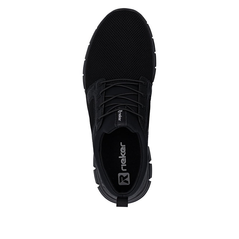 Mocassins Rieker noirs pour homme B7796-01 avec bande élastique. Chaussure vue de dessus.